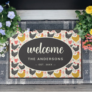 Farmhouse Chicken Pattern Family Name Doormat
