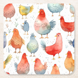Farmhouse Chickens Square Paper Coaster