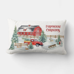 Farmhouse Christmas Barn and Truck Snow Scene Lumbar Pillow