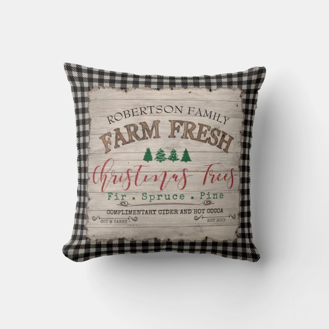 Farmhouse Christmas Buffalo Plaid Tree Farm Family Throw Pillow (Front)