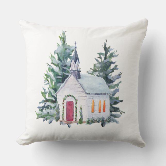 Farmhouse Christmas Church Throw Pillow (Front)