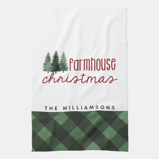 Farmhouse Christmas Country Plaid Family Name  Kitchen Towel (Vertical)
