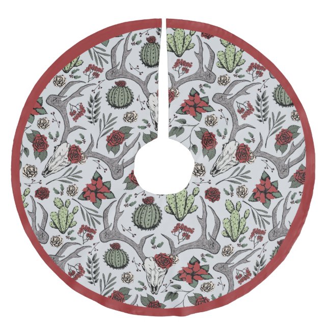 Farmhouse Christmas Floral Deer Skull Antlers Brushed Polyester Tree Skirt (Front)