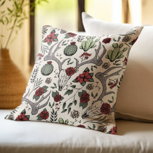 Farmhouse Christmas Floral Deer Skull Antlers Throw Pillow
