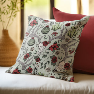 Farmhouse Christmas Floral Deer Skull Antlers Throw Pillow