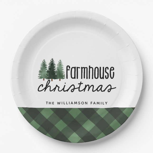 Farmhouse Christmas Plaid Family Name Paper Plate  (Front)