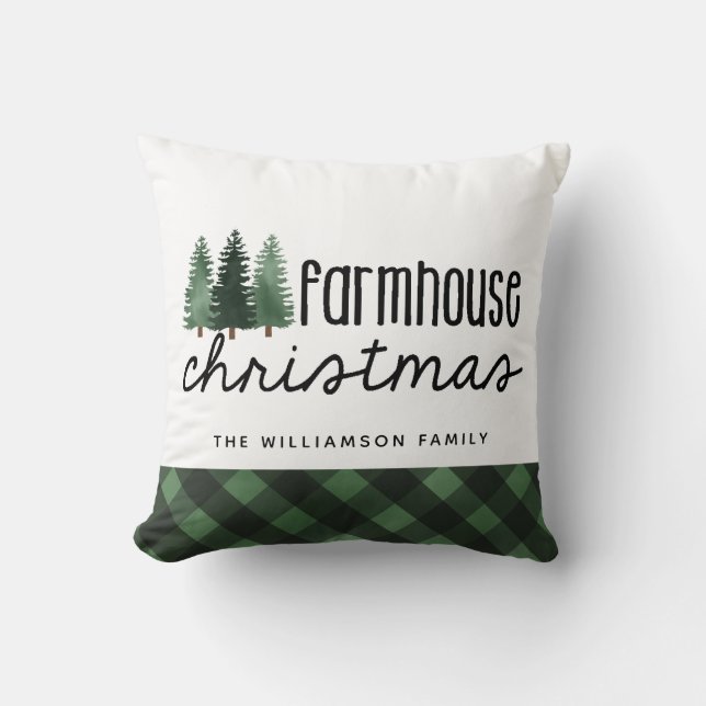 Farmhouse Christmas Plaid Family Name  Throw Pillow (Front)