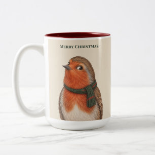 Farmhouse Christmas Robin in Green Scarf Two-Tone Coffee Mug