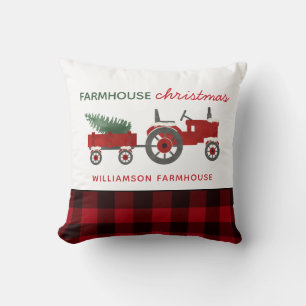 Farmhouse Christmas Tractor and Tree Plaid  Throw Pillow