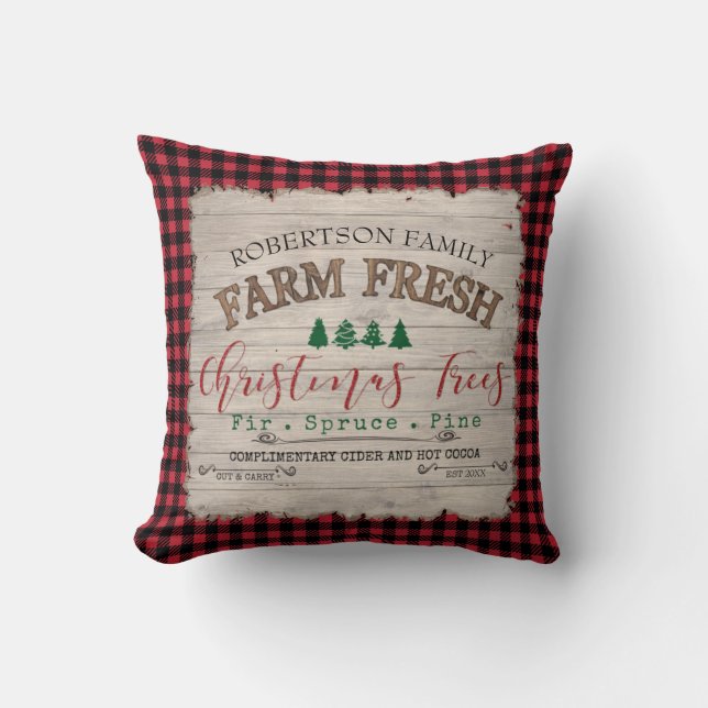 Farmhouse Christmas Tree Farm Buffalo Plaid Family Throw Pillow (Front)