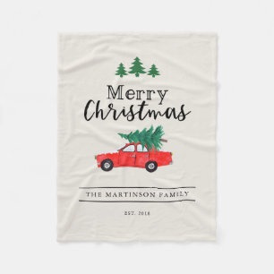 Farmhouse Christmas   Tree on Red Car Fleece Blanket