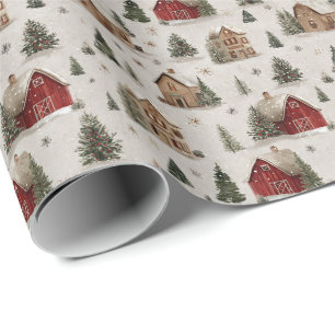 Farmhouse Christmas Village with Snowy Cottages Wrapping Paper