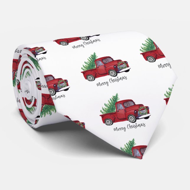 Farmhouse Christmas watercolor red truck Tie (Rolled)