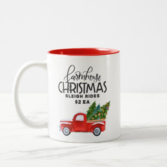 Farmhouse Christmas Watercolor Red Truck Two-Tone Coffee Mug (Left)