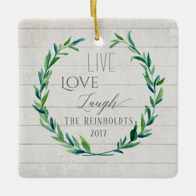 Farmhouse Christmas Watercolor Wreath w Photo Ceramic Ornament (Front)