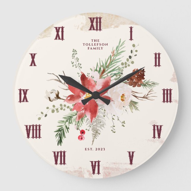 Farmhouse Christmas Winter Poinsettia Rustic Large Clock (Front)