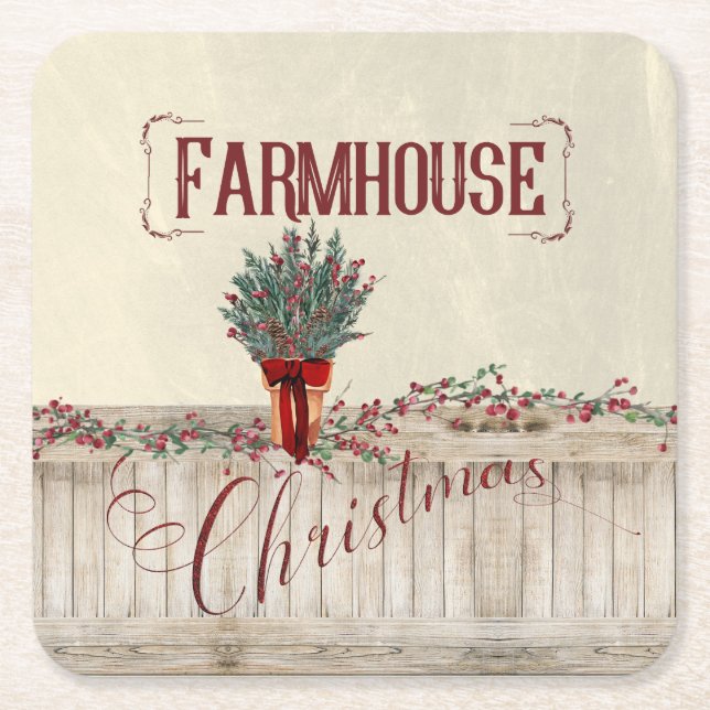 Farmhouse Christmas with Berries and Garlands Square Paper Coaster (Front)