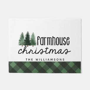 Farmhouse Christmas Wood Plaid Family Name Doorma Doormat