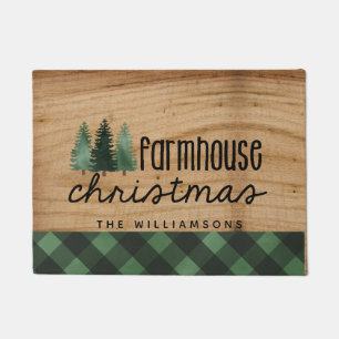 Farmhouse Christmas Wood Plaid Family Name Doormat