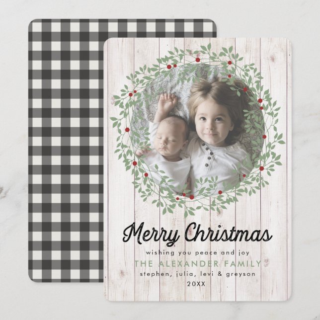 Farmhouse Christmas Wreath | Buffalo Check Holiday Card (Front/Back)