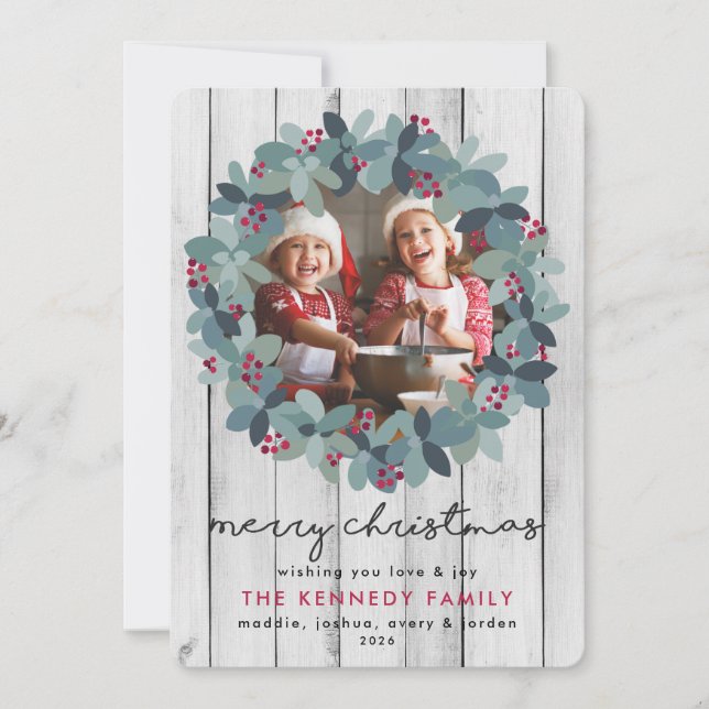 Farmhouse Christmas Wreath Photo Holiday Card  (Front)