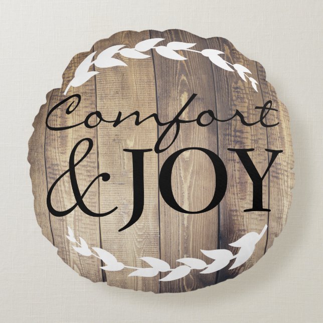 Farmhouse Comfort & JOY Family Name White Laurels Round Pillow (Front)