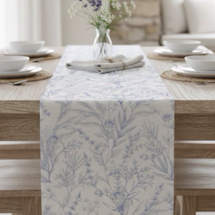 Farmhouse Cottage Blue and White Botanical Short Table Runner