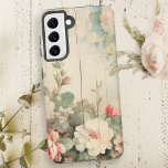 Farmhouse Cottage Rustic Floral on Barn Siding Samsung Galaxy Case<br><div class="desc">Very pretty floral design featuring corner sprays of watercolor white and pink roses and wildflowers on rustic farmhouse weathered barn siding.</div>