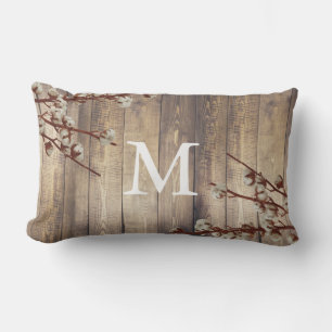 Farmhouse Cotton Flowers Light Wood Plank Monogram Lumbar Pillow