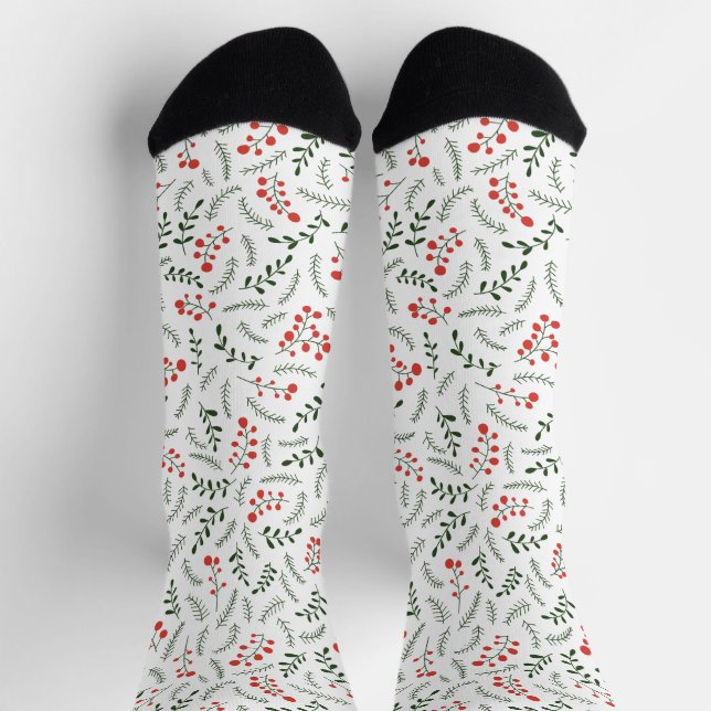 Farmhouse country red white green foliage pattern socks (Top)