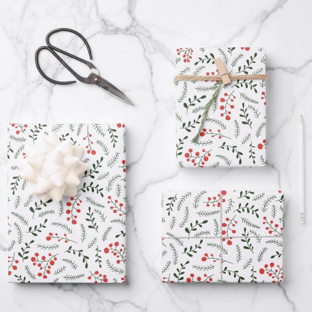Farmhouse country red white green foliage pattern wrapping paper sheet (Front)