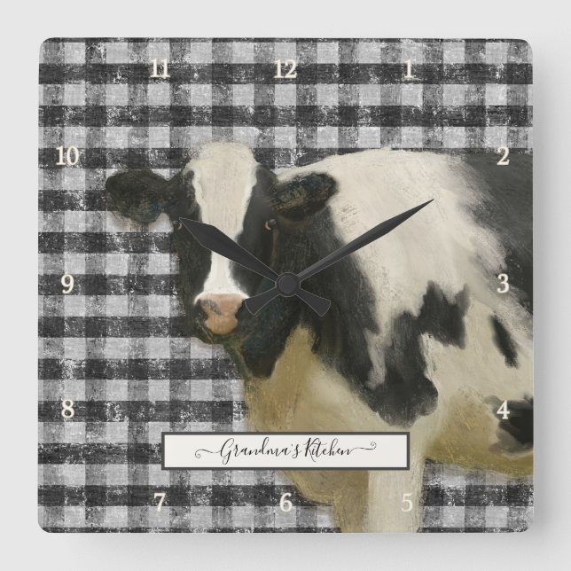Farmhouse Cow Black n White Gingham Rustic Kitchen Square Wall Clock (Front)