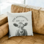 Farmhouse Cow  wood Look  Personalized  Throw Pillow<br><div class="desc">This design was created through digital art. It may be personalized by clicking the customize button and adding a name, initials or your favourite words. Contact me at colorflowcreations@gmail.com if you with to have this design on another product. See more of my creations or follow me at www.facebook.com/colorflowcreations, www.instagram.com/colorflowcreations, www.twitter.com/colorflowart,...</div>