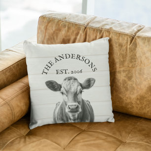 Farmhouse Cow wood Look Personalized Throw Pillow