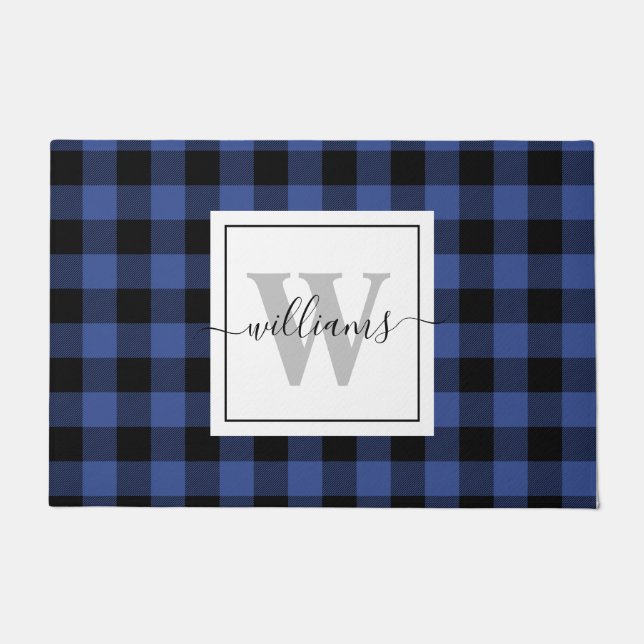 Farmhouse Custom Family Name Blue Buffalo Plaid Doormat (Front)