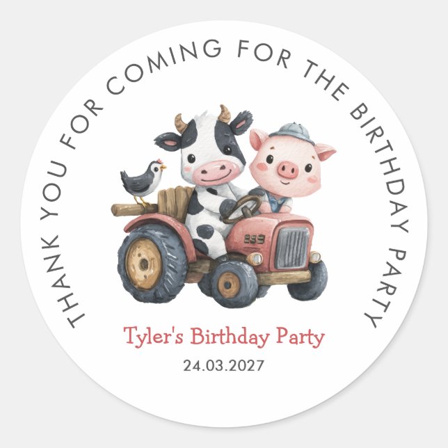 Farmhouse Cute Birthday Party Cow Pig Thank You Classic Round Sticker (Front)