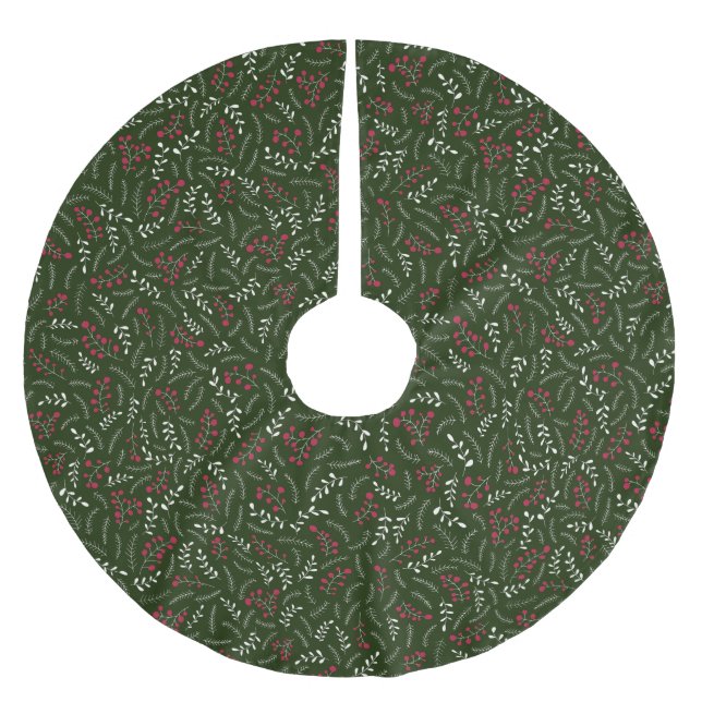 Farmhouse dark green red rustic foliage pattern brushed polyester tree skirt (Front)