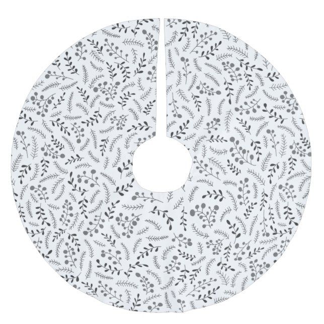 Farmhouse dark grey white rustic foliage pattern brushed polyester tree skirt (Front)