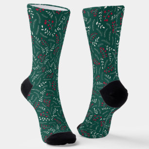 Farmhouse emerald green red rustic foliage pattern socks