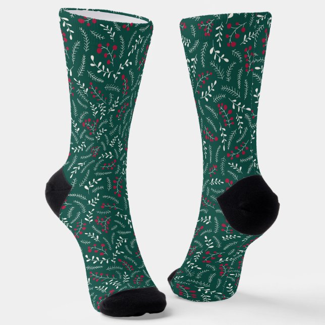 Farmhouse emerald green red rustic foliage pattern socks (Angled)