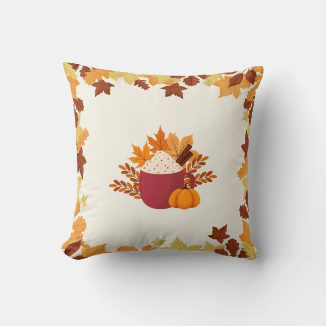 Farmhouse Fall Mug with Autumn Leaves and Pumpkin Throw Pillow (Front)