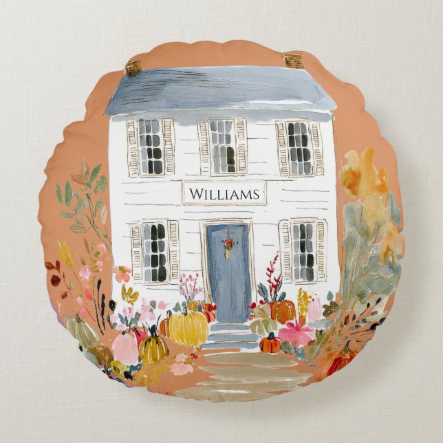 Farmhouse Fall Porch Monogram Round Pillow (Front)