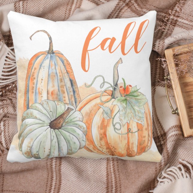 Farmhouse Fall Watercolor Pumpkins Throw Pillow (Creator Uploaded)