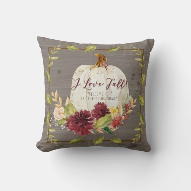 Farmhouse Fall White Pumpkin Burgundy Grey Floral Throw Pillow (Front)