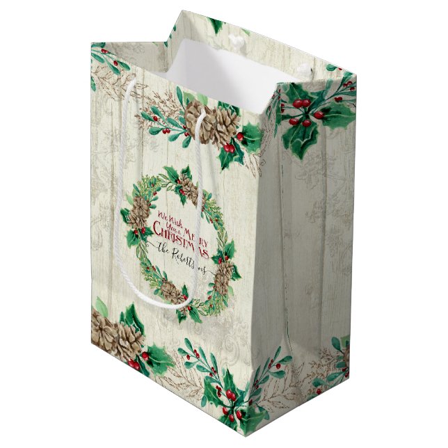 Farmhouse Family Merry Christmas Pine Cone Wreath Medium Gift Bag (Front Angled)