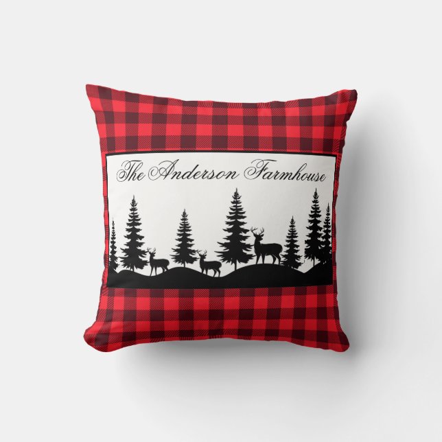 Farmhouse Family Name Buffalo Plaid and Deer  Throw Pillow (Front)