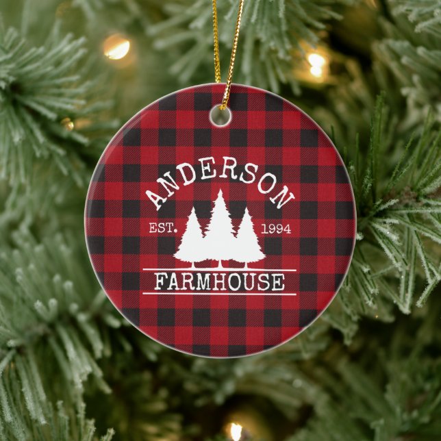 Farmhouse Family Name Red Buffalo Plaid Ceramic Ornament (Tree)
