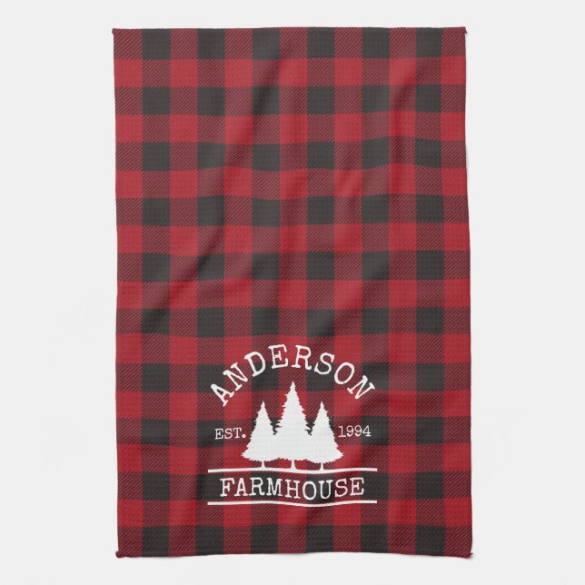 Farmhouse Family Name Red Buffalo Plaid Kitchen Towel (Vertical)