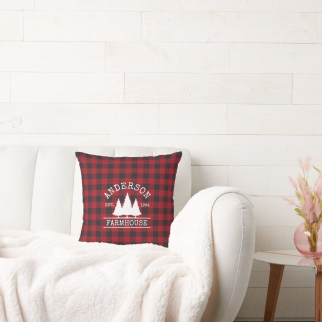 Farmhouse Family Name Red Buffalo Plaid Throw Pillow (Couch)