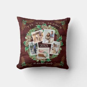 Farmhouse Family Photo Watercolor Pine Wreath Gold Throw Pillow